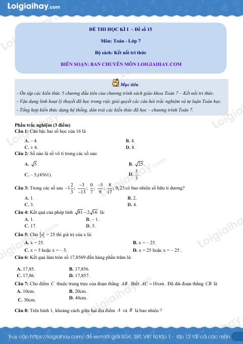 Đề thi học kì 1 Toán 7 - Đề số 15 - Kết nối tri thức